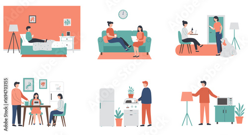 Everyday family activities in modern home interior with flat design