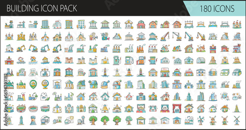 Building icon set collection for design projects - Large collection of 180 colorful building icons including houses, offices, shops, factories, and landmarks for web, apps, and presentations.