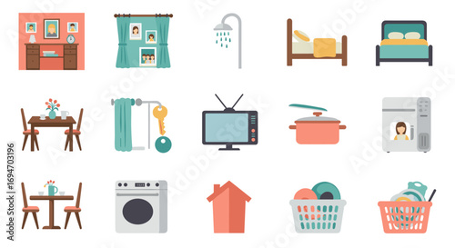 Flat home icon set: modern household essentials for everyday living