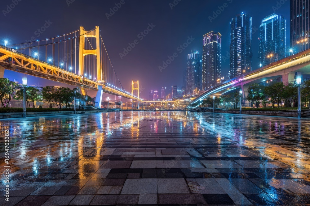 Fototapeta premium Night cityscape with illuminated bridge and reflected lights