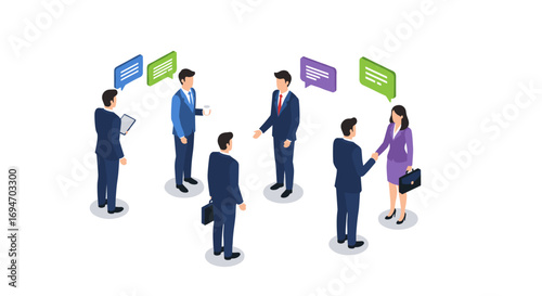 Professional collaboration concept: business people communicating in isometric style