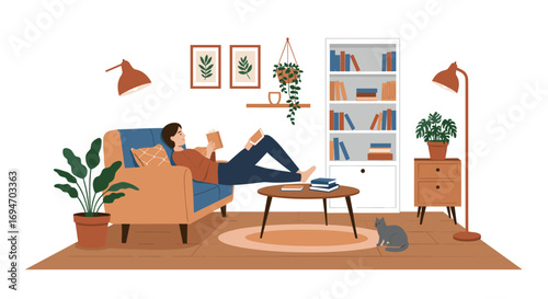 Cozy living room scene with person reading and cat relaxing in minimalist design