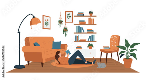 Cozy living room with reading woman relaxing on floor with cat and plants