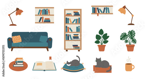 Cozy living room elements with cats and books in a flat design style