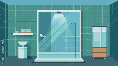 A glassenclosed shower in a spacious bathroom with subway tiles.