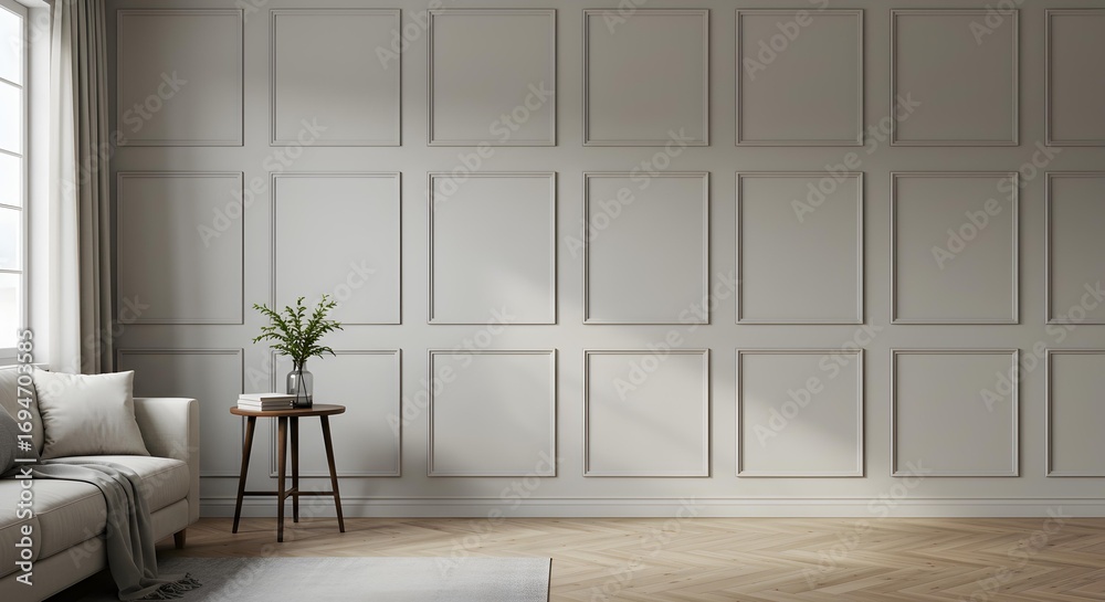 Fototapeta premium Elegant interior room with wainscoting paneling wall and blank square frames for artwork or design mockups.