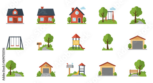 Charming neighborhood scene with houses, playgrounds, trees, and mailboxes in flat design