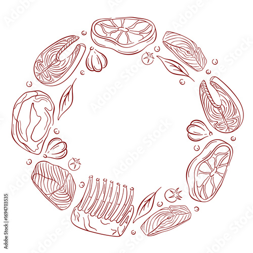 Meat and fish salmon cuts arranged in a circular frame with herbs, garlic and tomato on a white background in line art style.