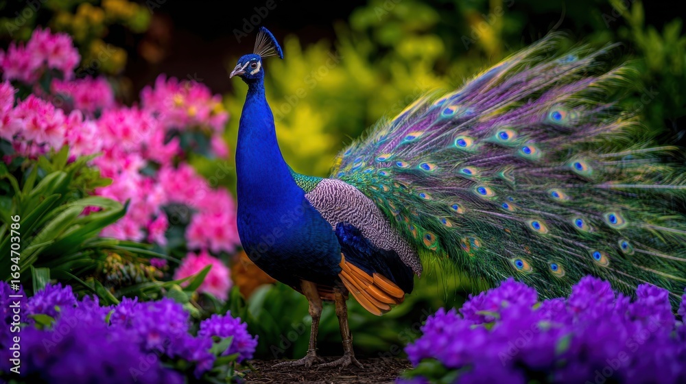 Obraz premium Vibrant peacock displaying its colorful feathers amidst a garden of blooming flowers in springtime