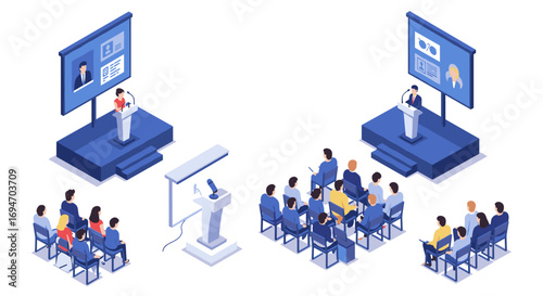 Isometric conference presentation with audience and speakers
