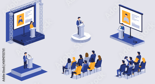 Isometric business conference presentation with audience and speakers