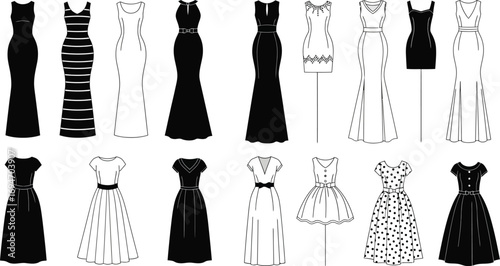 Collection of various dress designs in black and white showcasing different styles and silhouettes