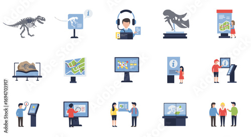 Flat style museum and technology icons: exhibits, maps, and interactive displays