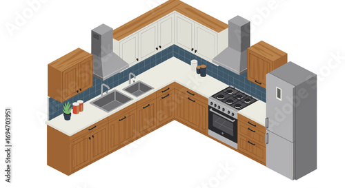 Modern isometric kitchen design with wooden cabinets and stainless appliances