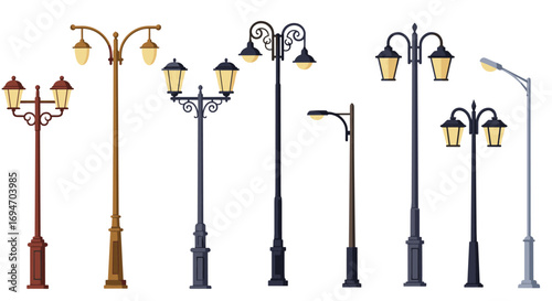 Vintage and modern street lamps collection in flat design