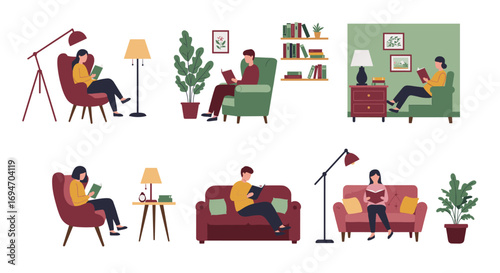 Cozy reading nook scenes with people relaxing in comfy chairs surrounded by books