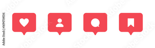 Social media icons set, red heart like notification, user profile alert, chat message bubble, bookmark save button, flat design, Vector illustration