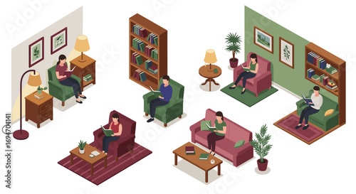Isometric cozy reading spaces with books and plants in modern home interiors