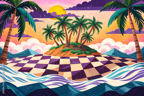Checkerboard tropical island with palm trees, patterned sand, surreal waves, geometric atmosphere, artistic natural paradise