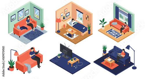 Cozy isometric living rooms with people relaxing and working from home