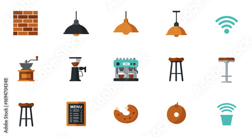 Modern cafe elements collection with coffee and pastry icons