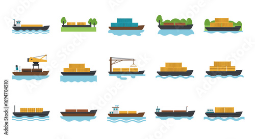 Flat style cargo ships and freight vessels in various designs on water