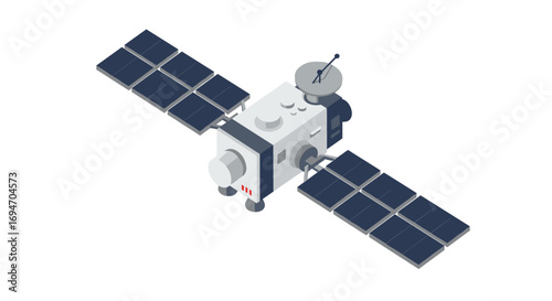 Isometric satellite with solar panels and antenna in space technology design