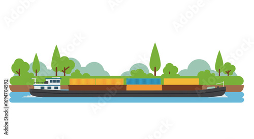 Flat design cargo ship with colorful containers on a calm river