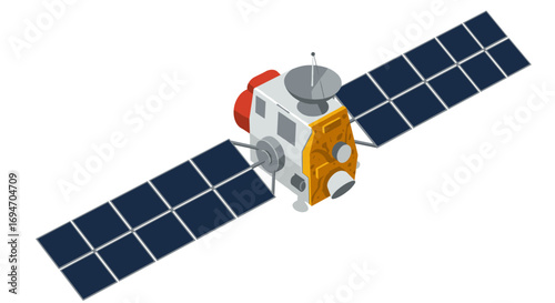 Isometric satellite with solar panels illustrating modern space technology