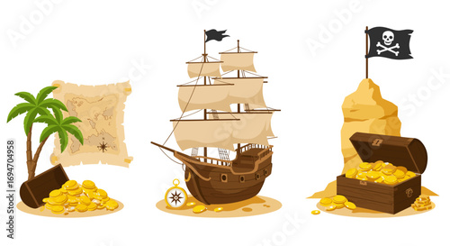 Pirate adventure icons: ship, treasure map, and gold coins
