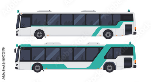 Modern city bus design with two side views featuring green and white color scheme