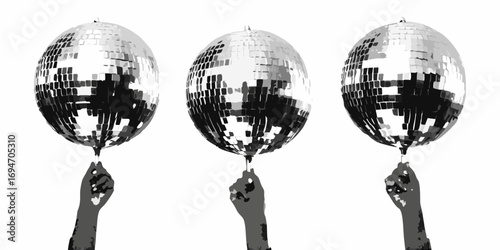 Three disco balls held by silhouetted hands against a white background for a celebration