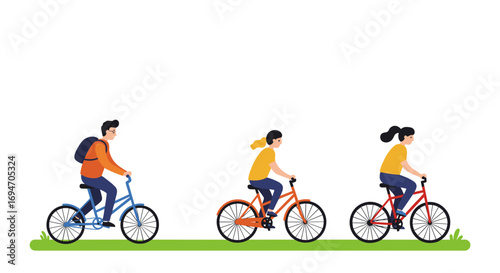 Flat design of people cycling outdoors on colorful bicycles
