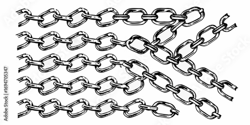 Interconnected metal chain links forming a pattern with some broken links and a branching section