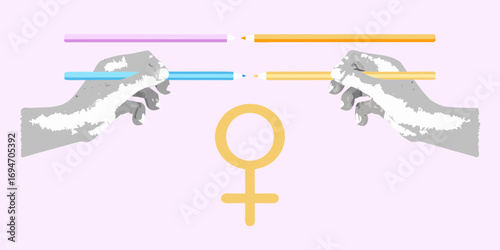 Two hands holding colored pencils pointing towards a female gender symbol on a light purple background
