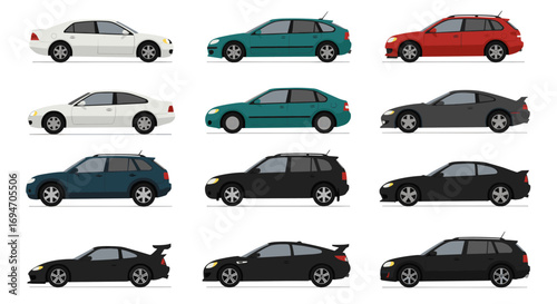 Side view of various cars in flat design with different colors and models