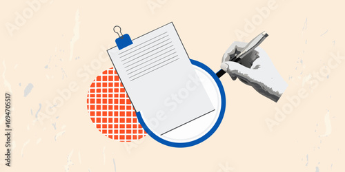 Hand holding pen examining document under magnifying glass with abstract geometric shapes background