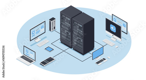 Modern data center network isometric servers and computers connected in blue theme