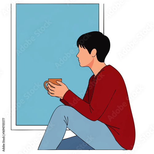 Man enjoying coffee while looking out a window, contemplating thoughts and relaxation time