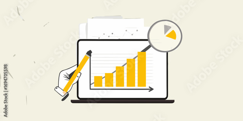 Hand holding pencil analyzing upward trending bar graph on laptop screen with magnifying glass over pie chart