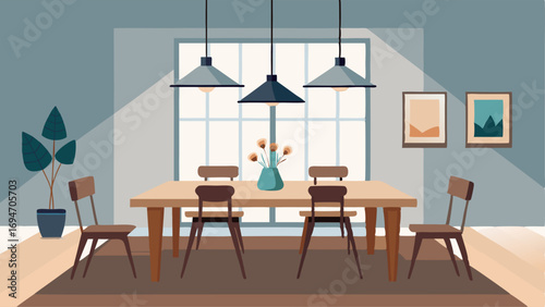 A minimalist dining room with a rustic farmhouse table and sleek modern chairs.