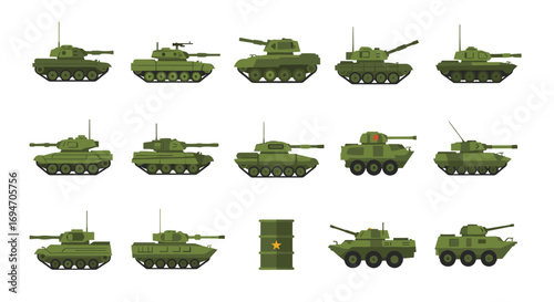 Set of different military tanks and armored vehicles in flat design