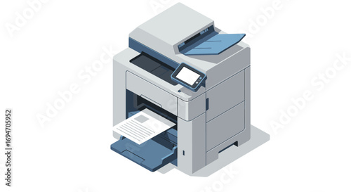 Modern office printer with scanner and touchscreen display in isometric style