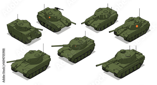 Collection of green isometric military tanks with diverse designs and views