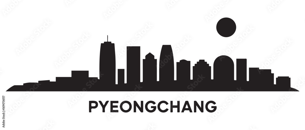 Obraz premium Pyeongchang skyline silhouette. Black Pyeongchang city design. Vector black silhouette. with white background