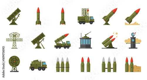 Military rocket and missile system icons set in flat design style