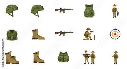 Military equipment and soldiers icon set with camouflage helmets, rifles, and tactical gear