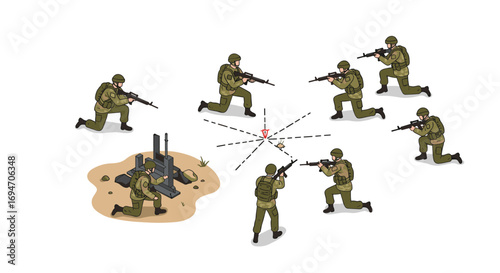 Isometric soldiers firing from multiple directions in training exercise