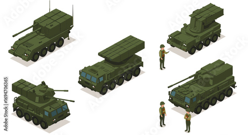Isometric military vehicles with soldiers in olive green for defense and strategy concepts