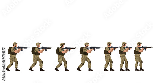 Soldiers in camouflage uniforms marching in line with military rifles